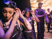 Hadestown ensemble members Afra Hines, Kimberly Marable and Timothy Hughes get ready for their entrance.